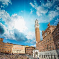 Wonderful wideangle view of Piazza del Campo in Siena, Italy